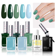 Beetles 7 Pcs Nail Polish Set, 5 Colors Light Green Dark Green Blue Nail Polish, Cuticle Oil with 2IN1 Base&Top Coat Long Lasting Quick Dry Nail Polish Gifts for Women