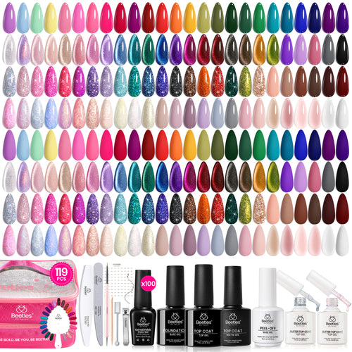 Beetles Nail Nook 100 Colors Spring Nails | 119PCS with Cat Eye Gel Storage Bag Gel Polish Set for All Season
