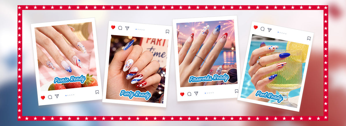 Four different Independence Day nail art designs, each suitable for a picnic, party, fireworks, and a pool.