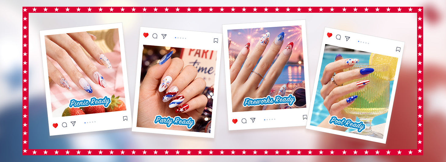 Four different Independence Day nail art designs, each suitable for a picnic, party, fireworks, and a pool.