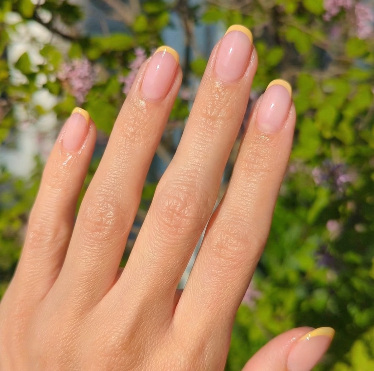 Nude jelly nails with bright yellow French manicure
