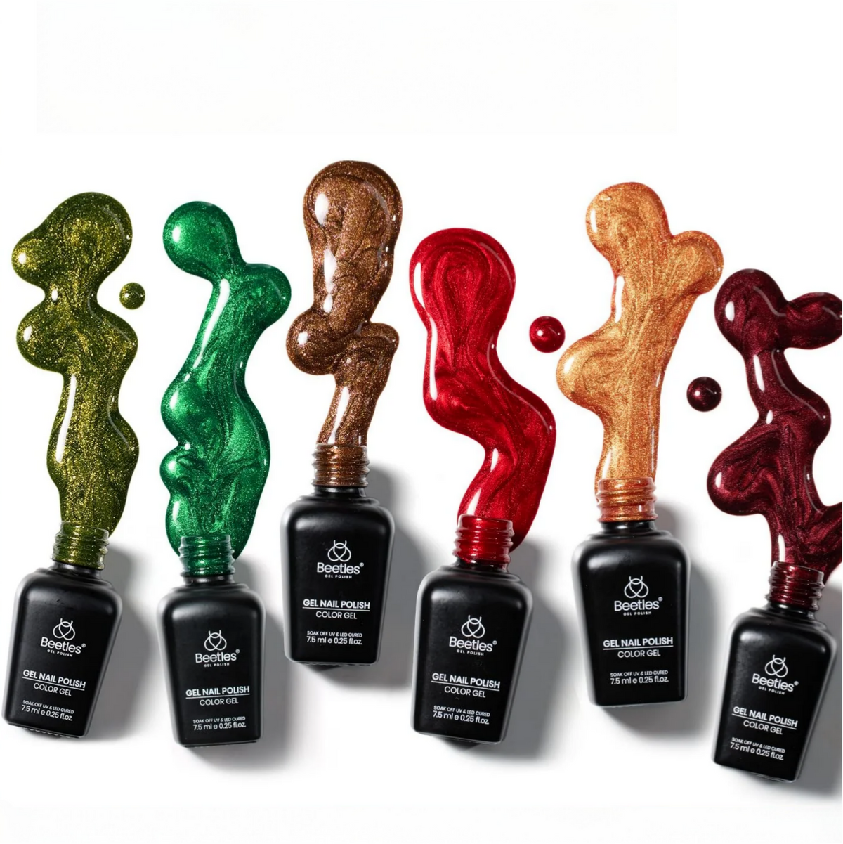 Beetles 6-color glitter gel nail polish set including ruby red, burgundy red, gold, and emerald green.