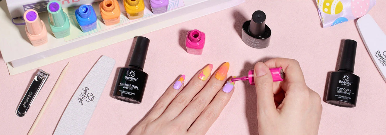 Joyful nail art designs including sunshine accents, neon color blocking using Beetles gel nail polish