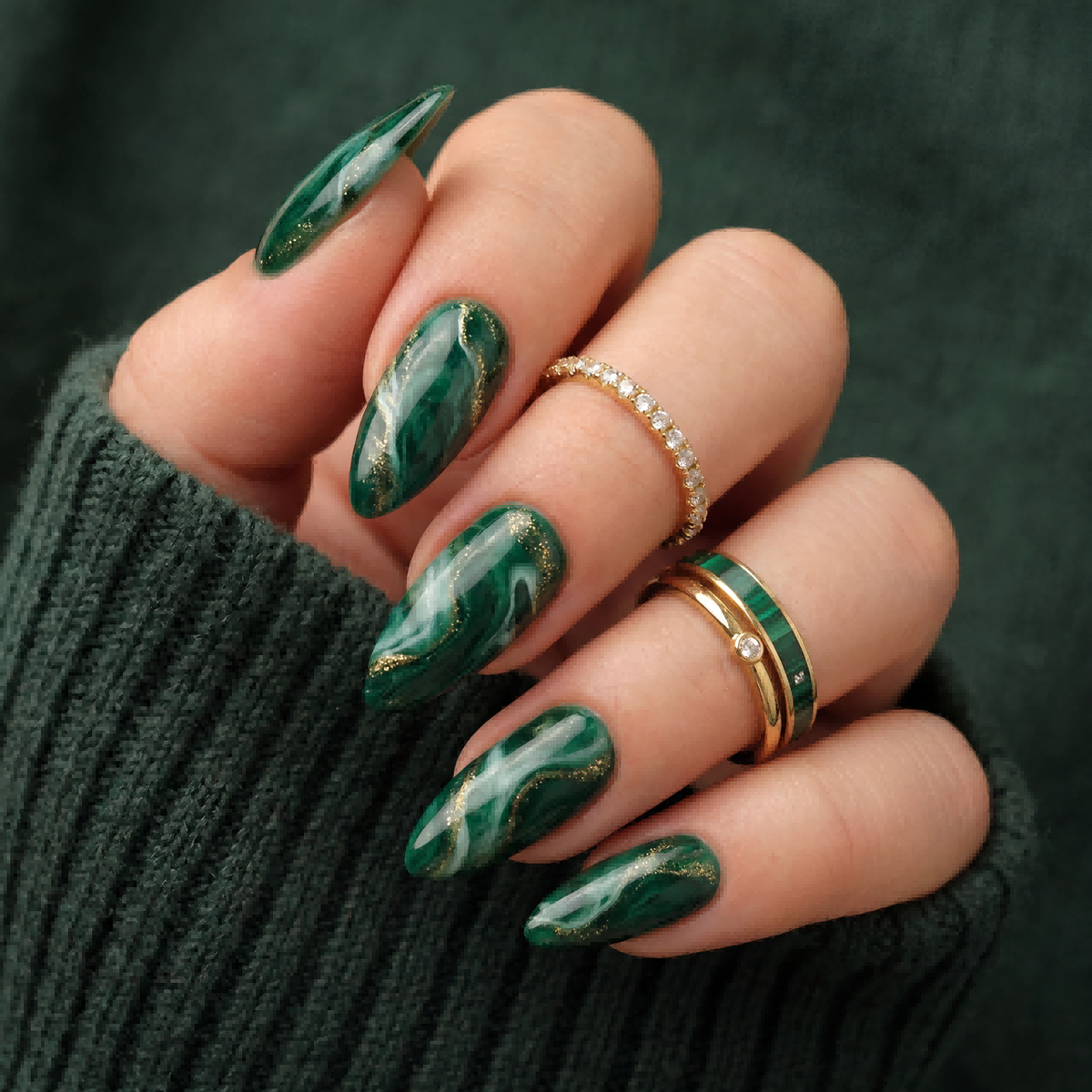 Marble dark green nails with swirling white and gold veining