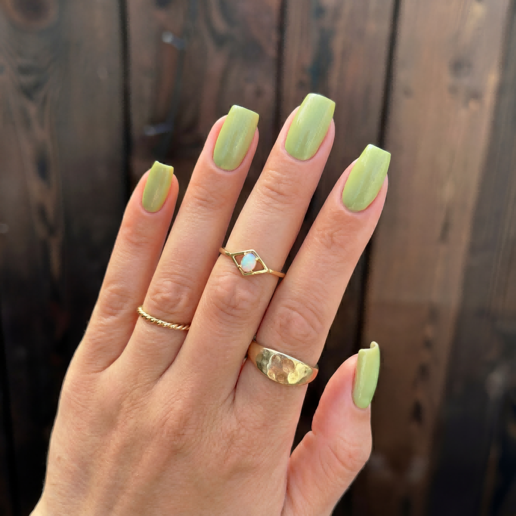 Matcha milk green nails in creamy, low‑contrast green.