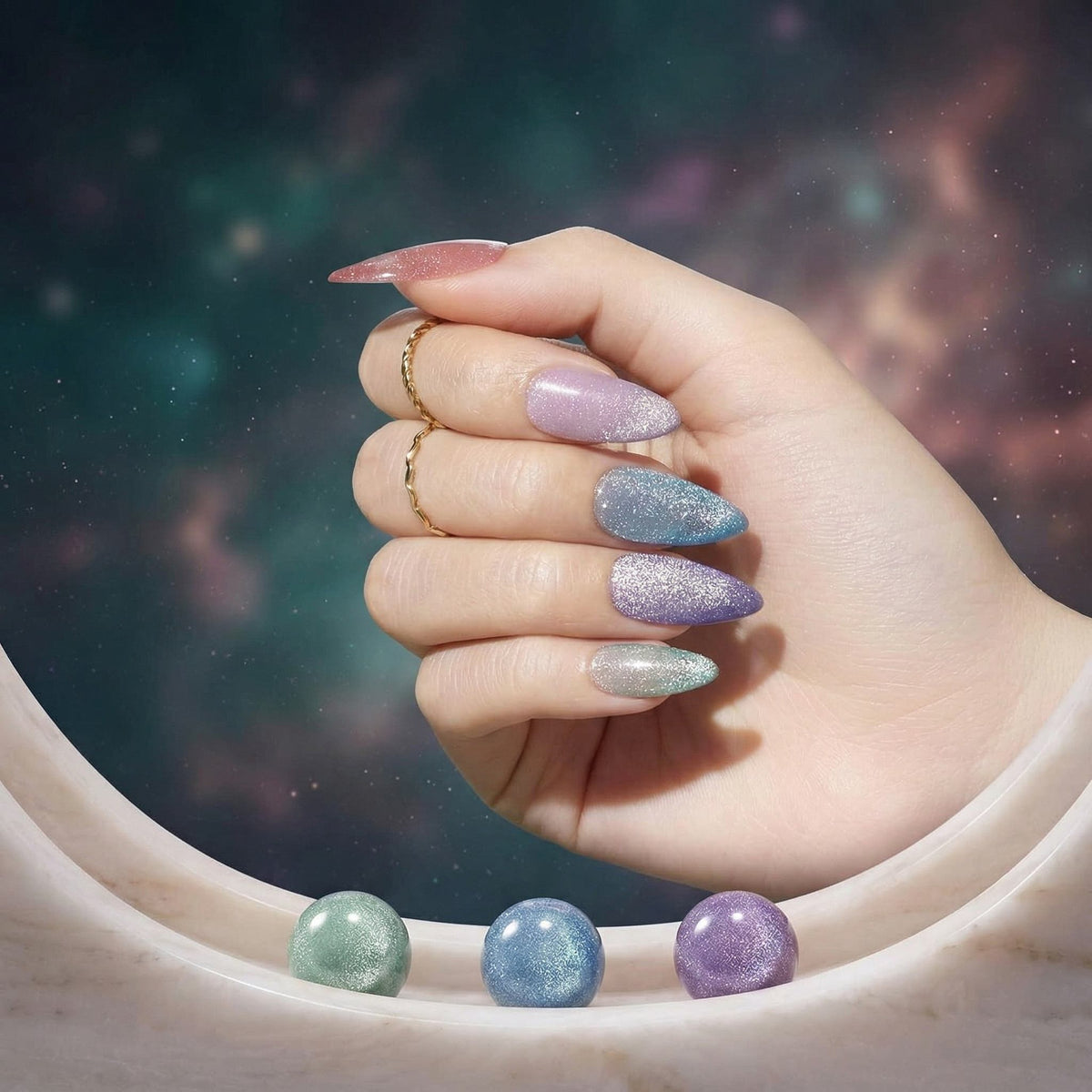 Beetles 6-color glitter gel nail polish set including pastel purple, soft blue, rose pink, and silver green.