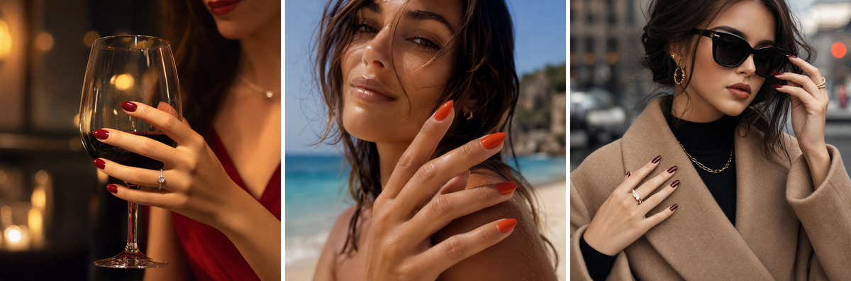 red nails for date nights, beach holidays, and deep burgundy nails for neutral outfits.