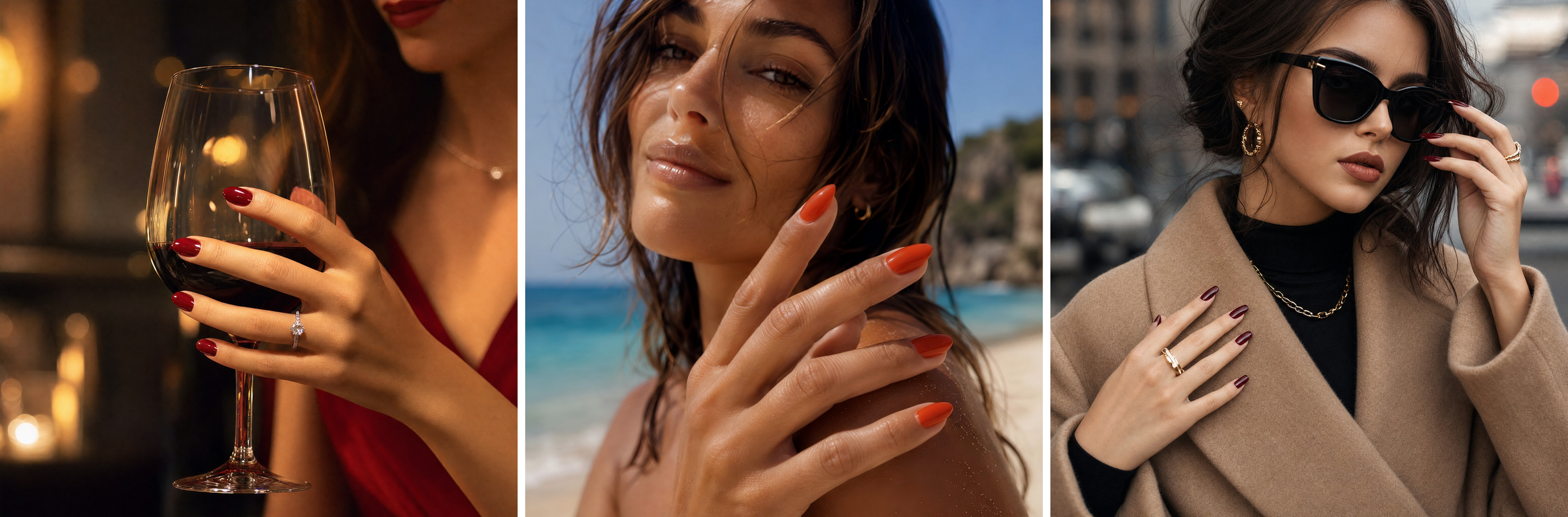 red nails for date nights, beach holidays, and deep burgundy nails for neutral outfits.