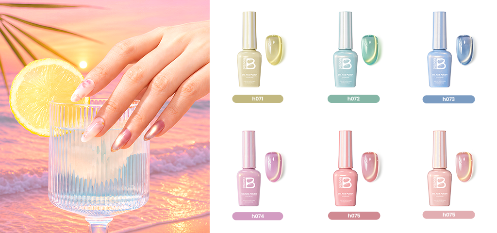 Beetles 6 colors cat-eye gel nail polish set, including beige, patel green, light blue, soft purple, rosy pink and peachy pink.