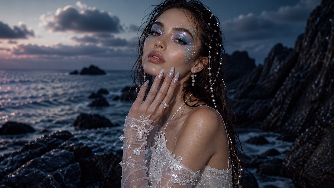 Sea witchery nails the aesthetic on a summer night ocean background