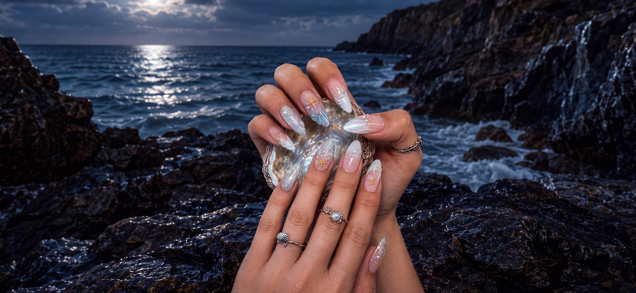 Sea witchery nails aesthetic - pearly gel polish with shimmering cat eye effect on a summer night ocean background
