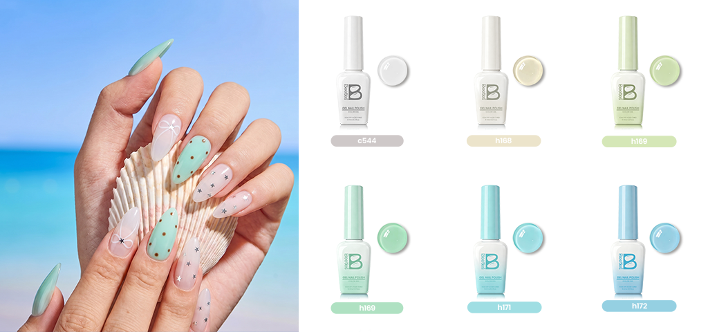 Beetles 6 colors jelly gel nail polish set with a hint of mint and the pale blue glow.