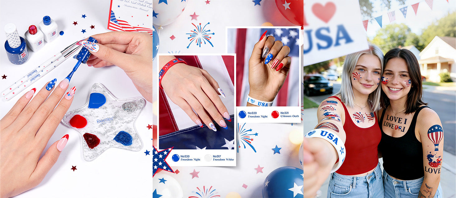 Beetles Independence Day silicone bracelets in red, white, and blue, and temporary tattoos, perfect for an Independence Day Party and an Instagram selfie.