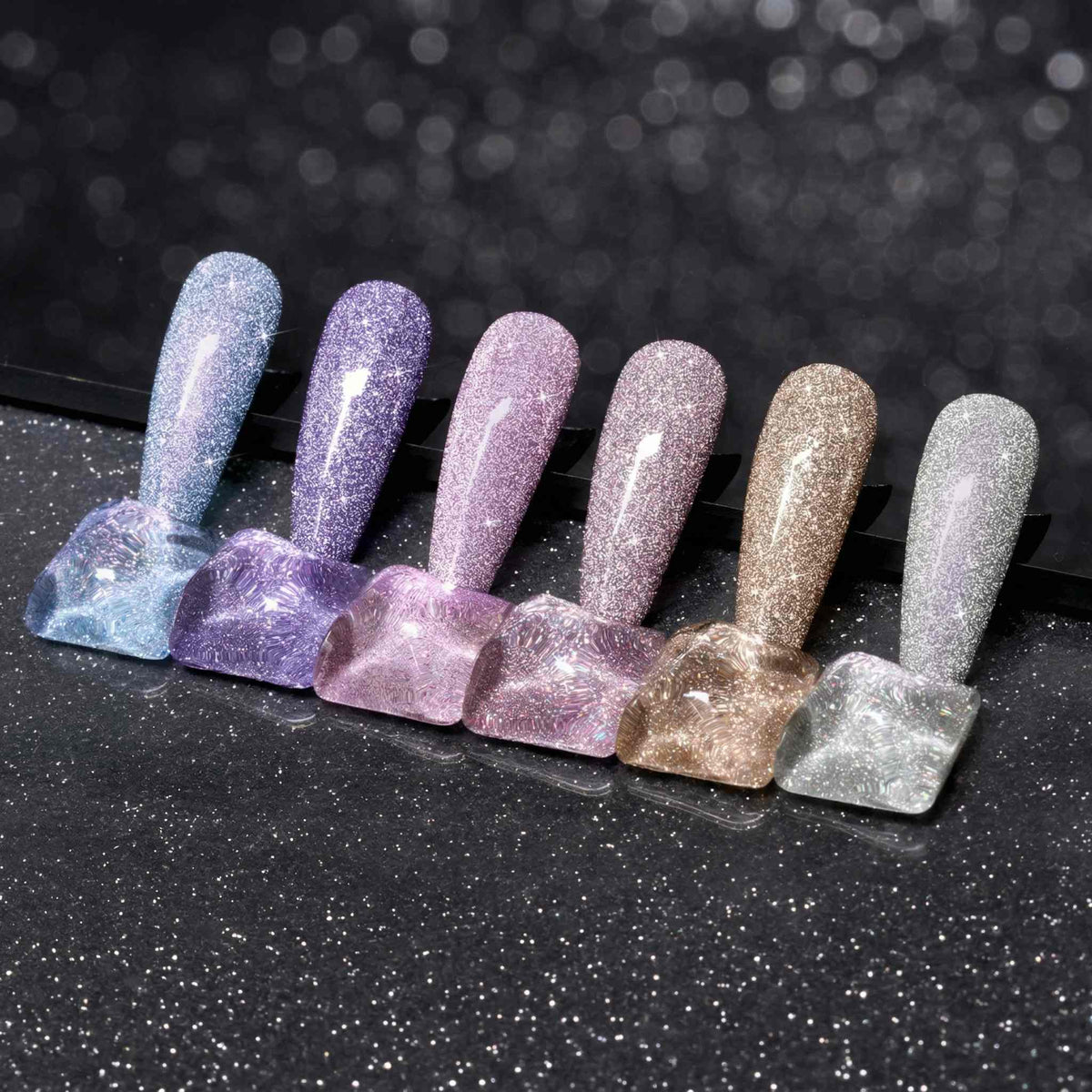Beetles 6-color glitter gel nail polish set including blue, purple, pink, nude pink, soft yellow, and silver white.