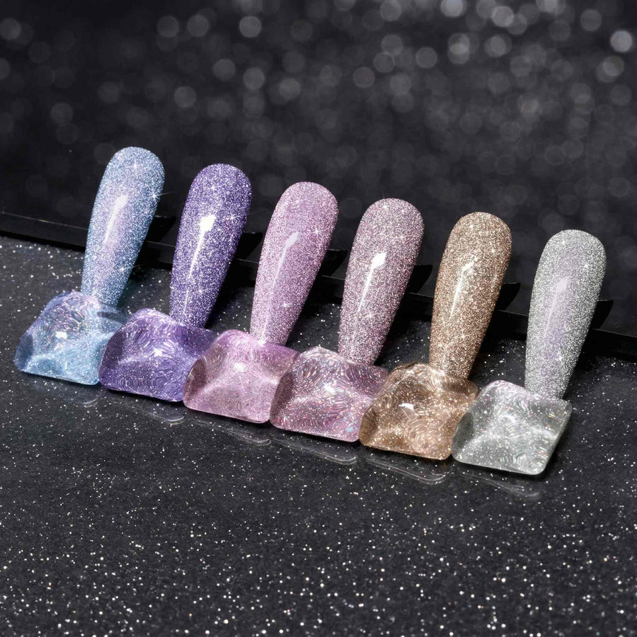 Beetles 6-color glitter gel nail polish set including blue, purple, pink, nude pink, soft yellow, and silver white.