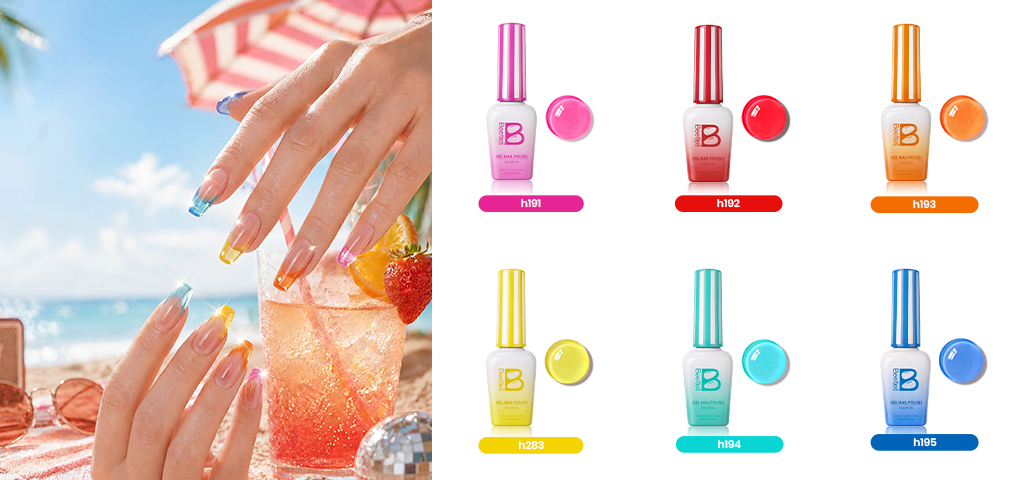 Beetles 6 colors gel nail polish set with jelly red, jelly pink, jelly orange, jelly yellow, jelly mint green, and jelly blue gel nail polish.