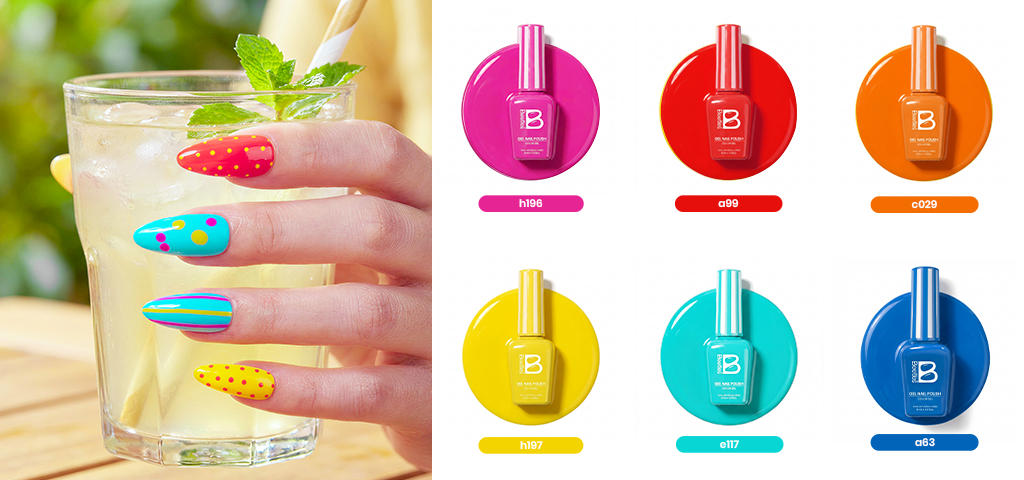 Beetles 6 colors gel nail polish set, including red gel nail polish, hot pink gel nail polish,  orange, yellow, blue, and mint green gel nail polish.